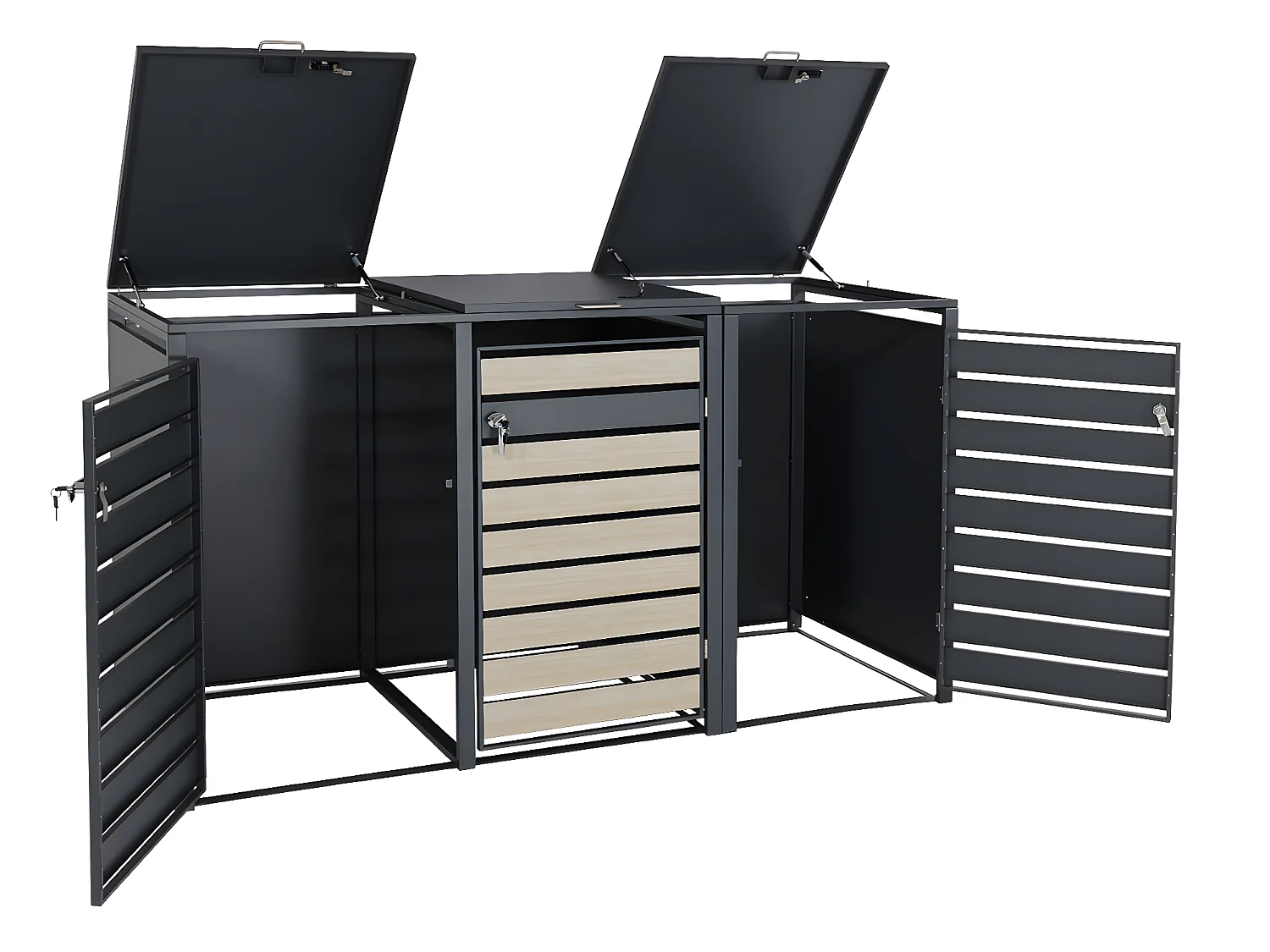 Set 3x copribidoni box spazzatura rifiuti MCW-J81 XL 98x215x117cm acciaio inox antracite faggio