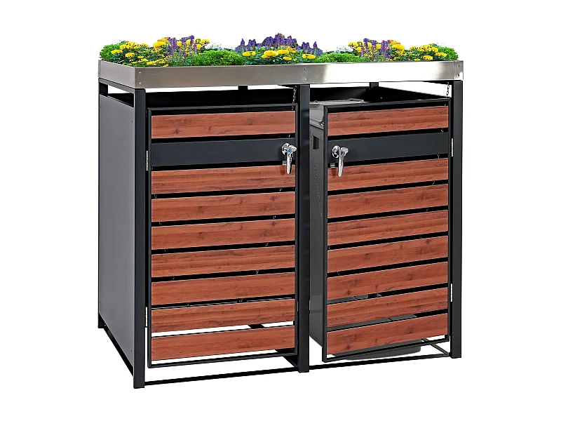 Set 2x copribidoni box spazzatura rifiuti con fioriera MCW-J81 80x132x125cm acciaio inox antracite ciliegio