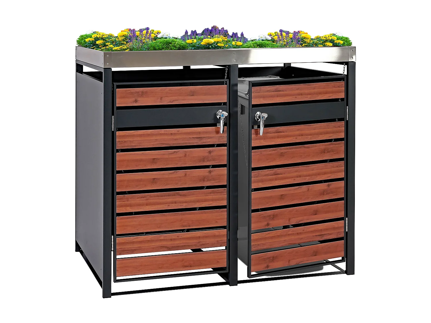 Set 2x copribidoni box spazzatura rifiuti con fioriera MCW-J81 80x132x125cm acciaio inox antracite ciliegio