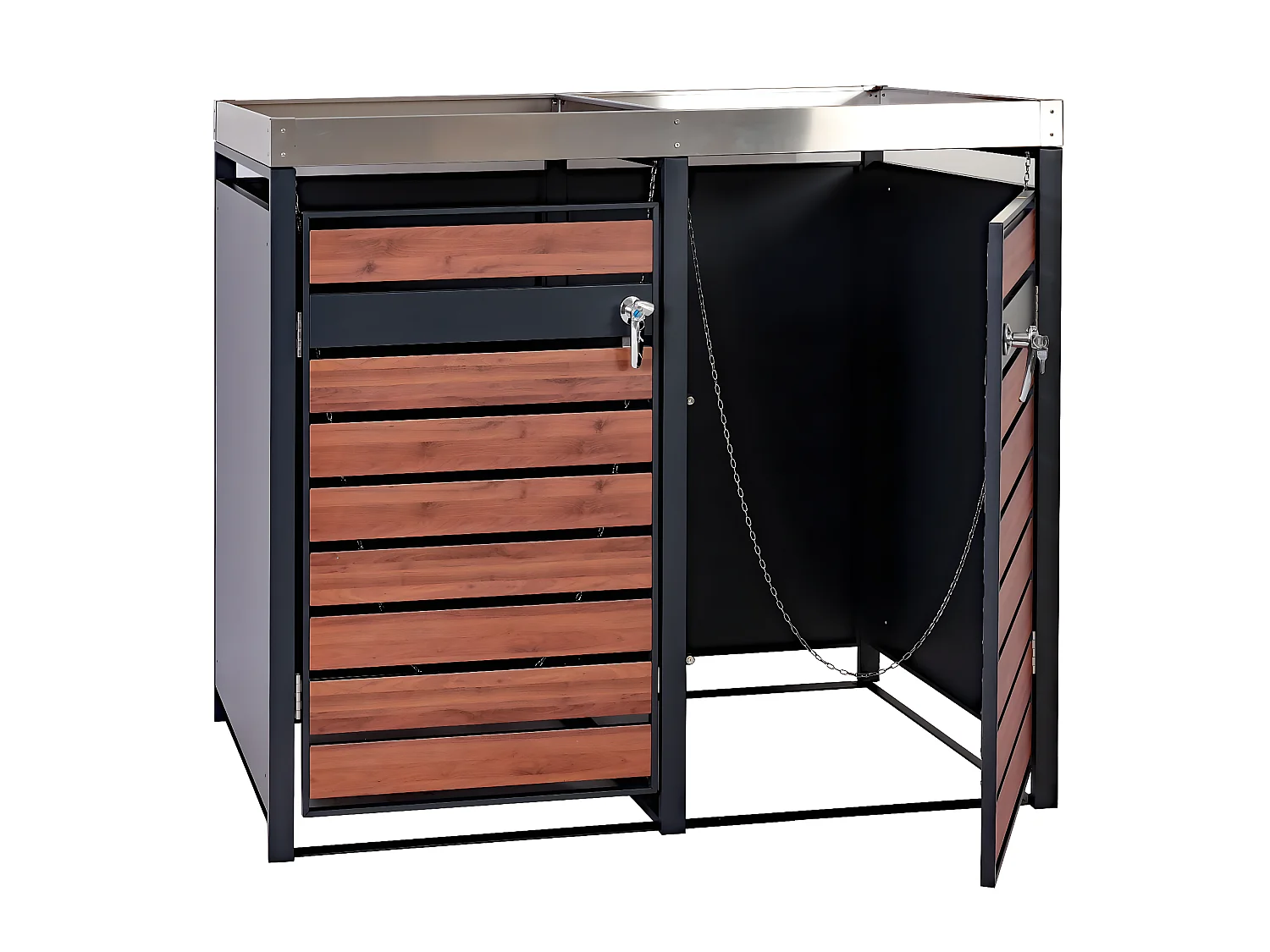 Set 2x copribidoni box spazzatura rifiuti con fioriera MCW-J81 80x132x125cm acciaio inox antracite ciliegio