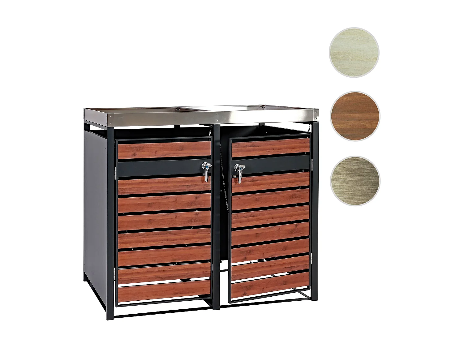 Set 2x copribidoni box spazzatura rifiuti con fioriera MCW-J81 80x132x125cm acciaio inox antracite ciliegio