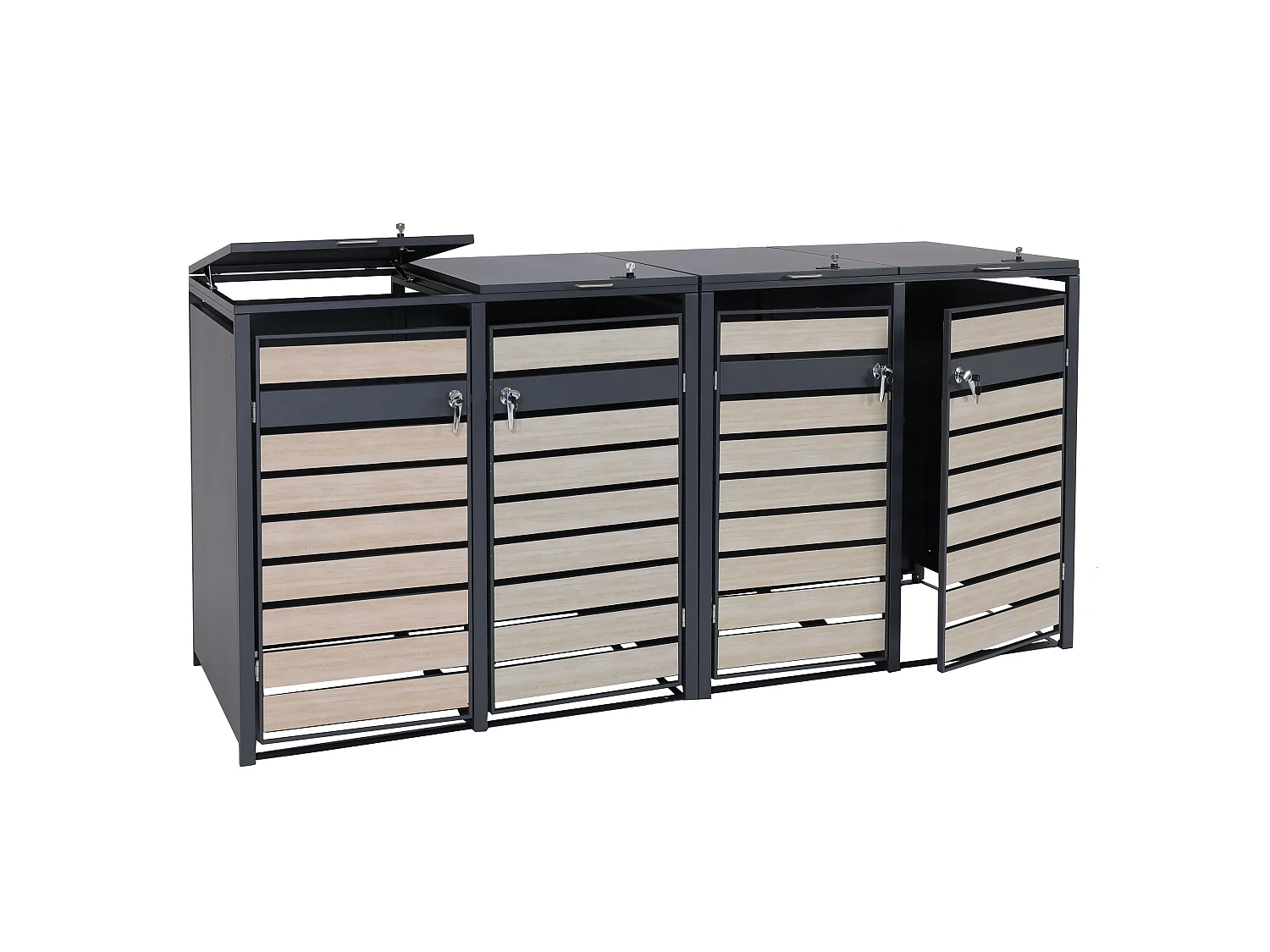 Set 4x copribidoni box spazzatura rifiuti MCW-J81 XL 98x284x117cm acciaio inox antracite faggio