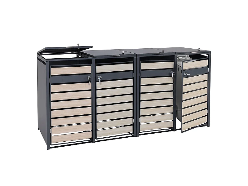 Set 4x copribidoni box spazzatura rifiuti MCW-J81 XL 98x284x117cm acciaio inox antracite faggio