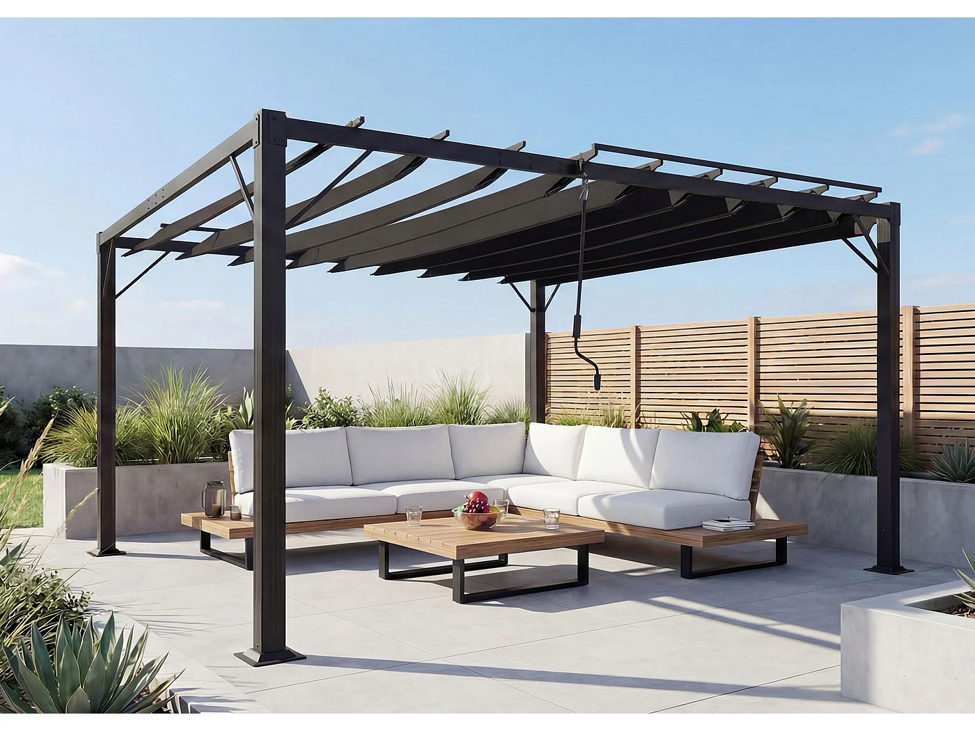 Pergola MCW-L40, Garten Lamellen-Pavillon Terrassenüberdachung, 8cm-Alu-Gestell Stoff/Textil, 3x4m anthrazit