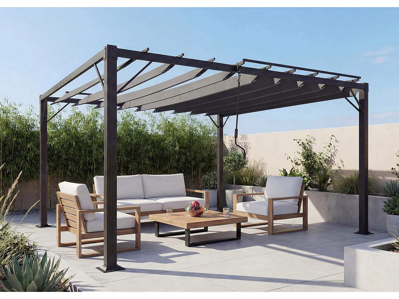 Pergola MCW-L40, Garten Lamellen-Pavillon Terrassenüberdachung, 8cm-Alu-Gestell Stoff/Textil, 3x3m anthrazit