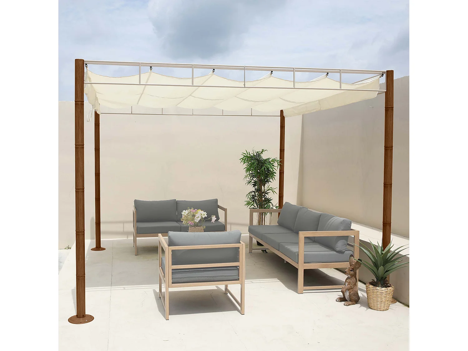 Gazebo pergola regolabile baldacchino moderno elegante giardino MCW-L42 acciaio effetto legno bambù 3x3m avorio bianco