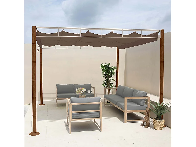 Gazebo pergola regolabile baldacchino moderno elegante giardino MCW-L42 acciaio effetto legno bambù 3x3m taupe marrone