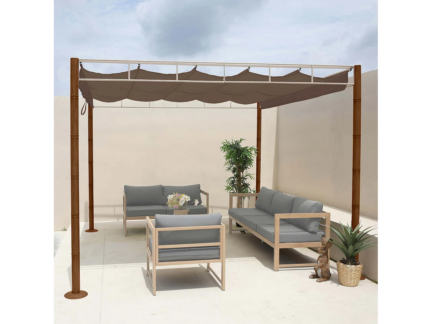 Gazebo pergola regolabile baldacchino moderno elegante giardino MCW-L42 acciaio effetto legno bambù 3x3m taupe marrone