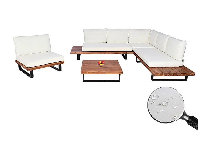 Set salotto giardino esterno salottino con poltrona MCW-H54 legno acacia alluminio marrone con cuscini avorio bianco