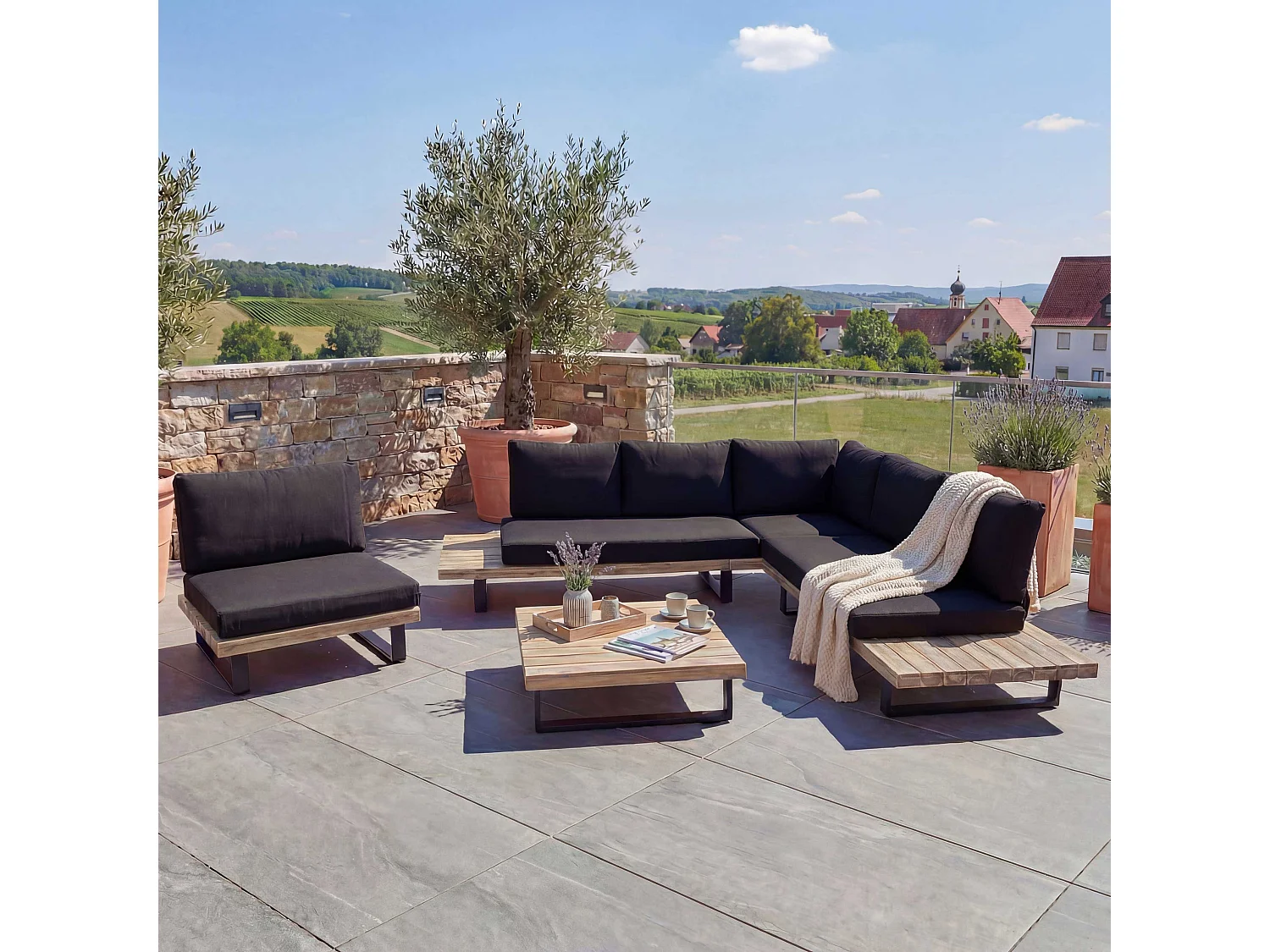 Zestaw ogrodowy MCW-H54 (zestaw 4-częściowy),  jasnobrązowy, tapicerka ciemnoszara