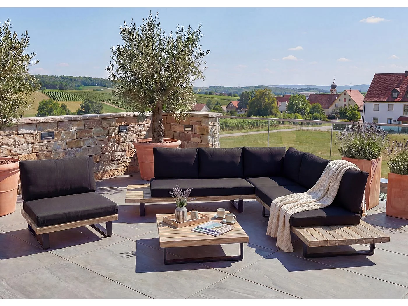 Zestaw ogrodowy MCW-H54 (zestaw 4-częściowy),  jasnobrązowy, tapicerka ciemnoszara