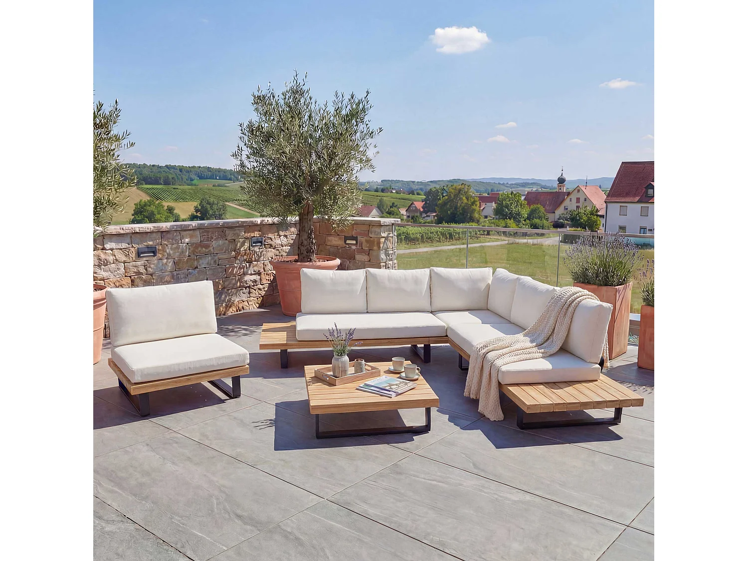 Zestaw ogrodowy MCW-H54 (zestaw 4-częściowy),  jasnobrązowy, tapicerka w kolorze kremowo-białym