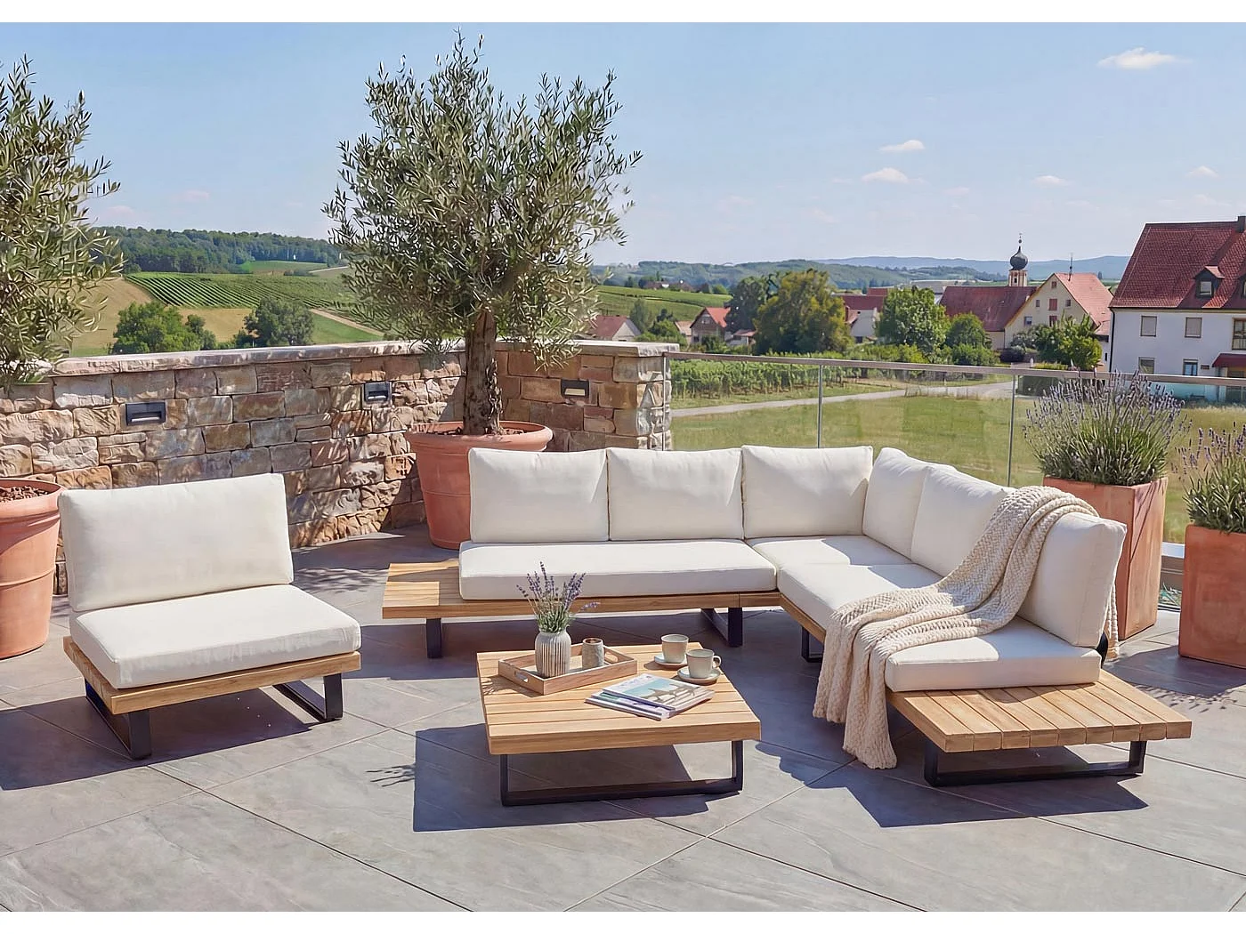 Zestaw ogrodowy MCW-H54 (zestaw 4-częściowy),  jasnobrązowy, tapicerka w kolorze kremowo-białym