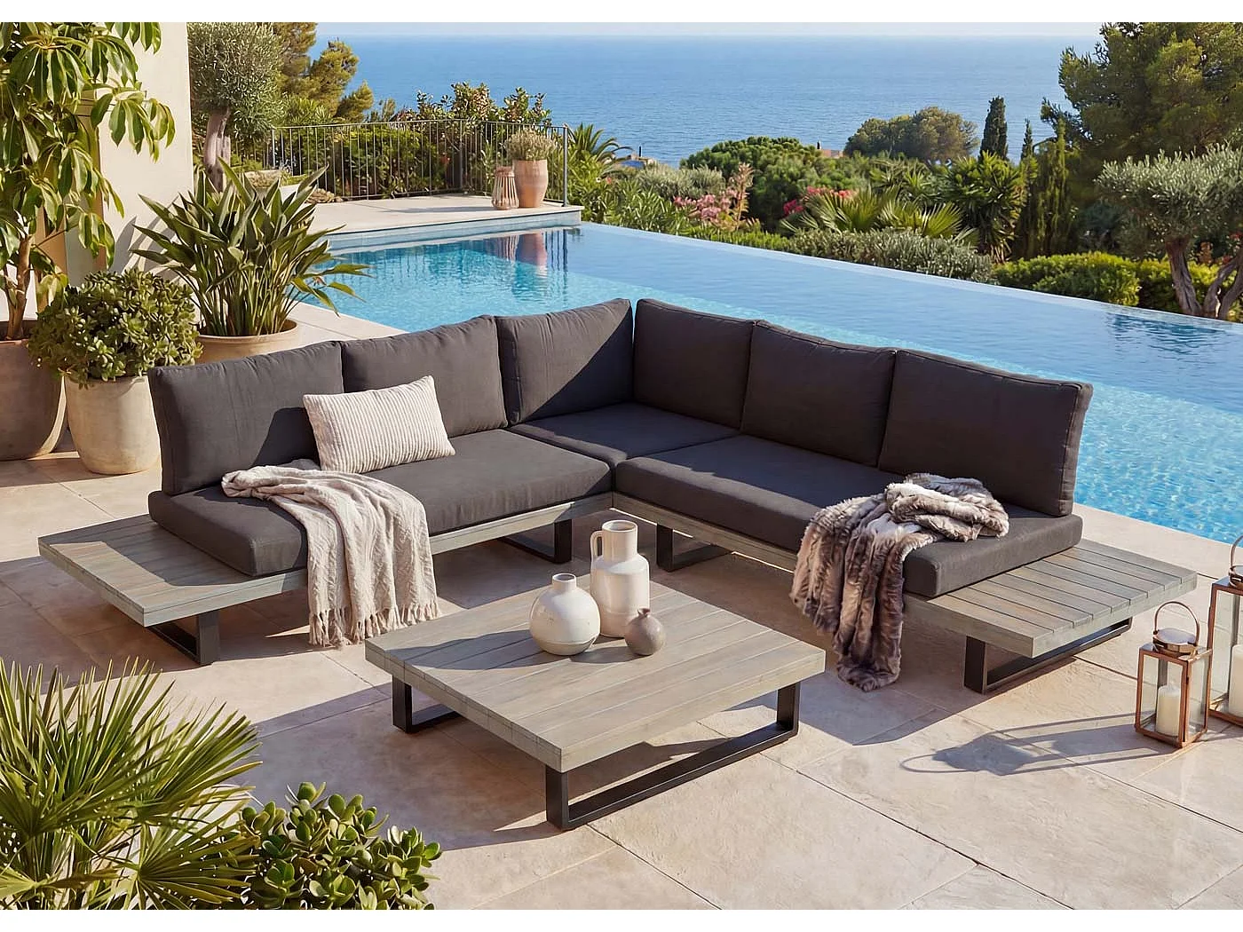 Zestaw ogrodowy MCW-H54 (zestaw 2-częściowy),  szary, tapicerka ciemnoszara