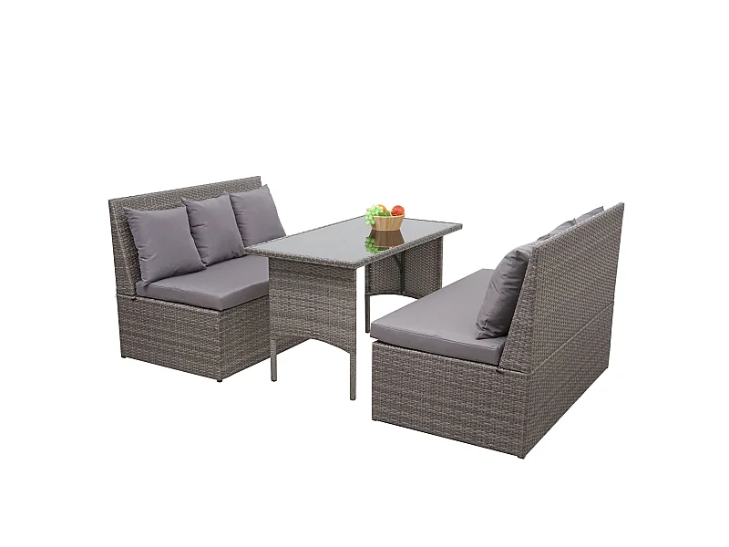Set salotto giardino esterno salottino 2x divani con tavolo MCW-G16 polyrattan grigio cuscino grigio scuro