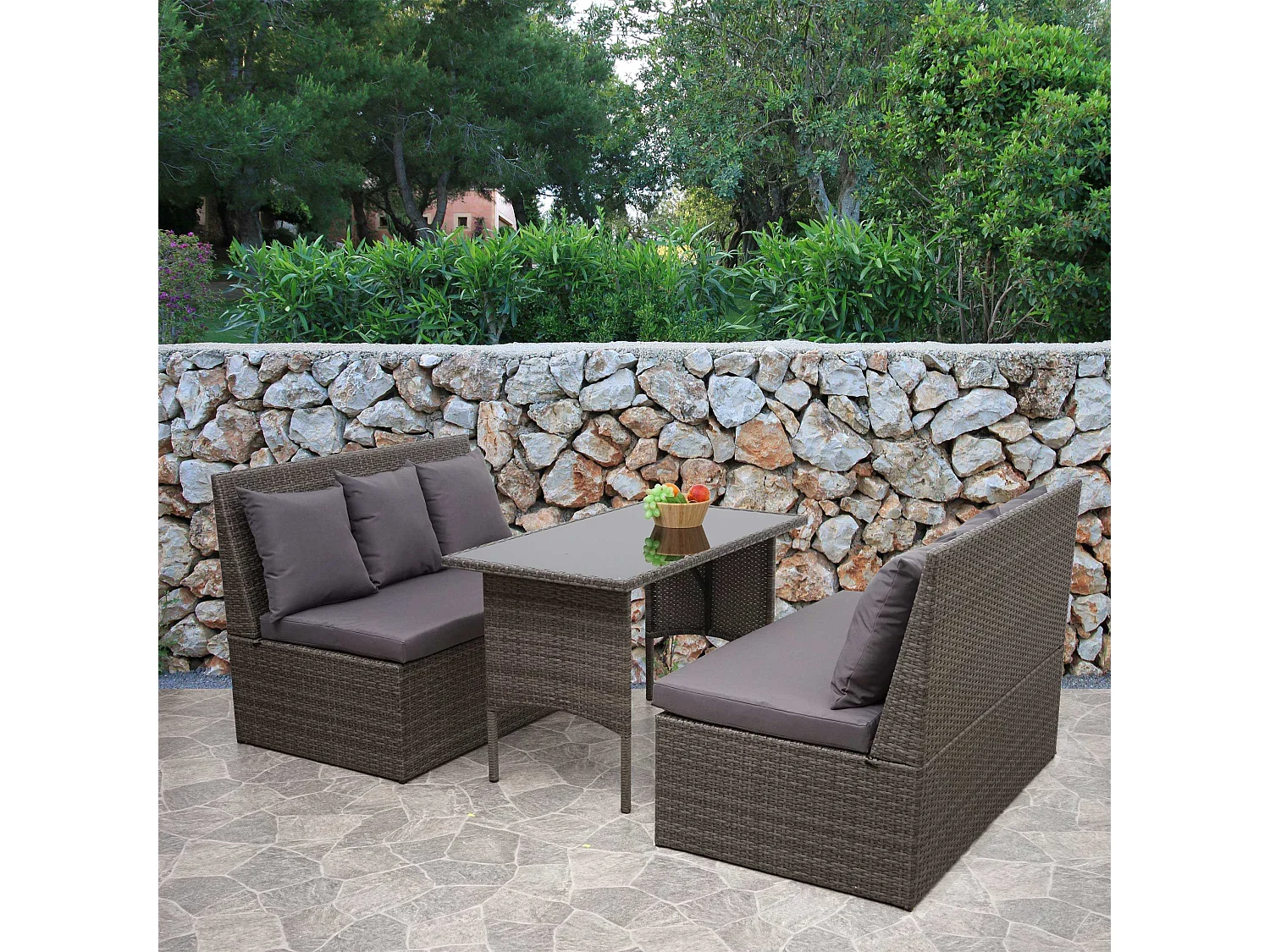 Polyrotan set MCW-G16 (3-delig),  grijs, donkergrijze kussens