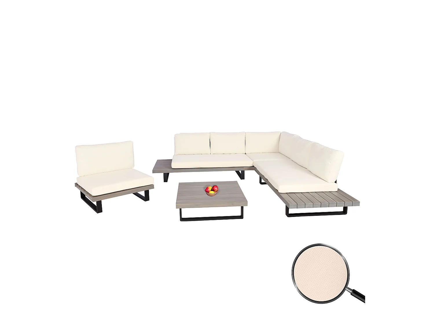 Set salotto giardino esterno salottino con poltrona MCW-H54 legno acacia alluminio grigio con cuscini avorio bianco