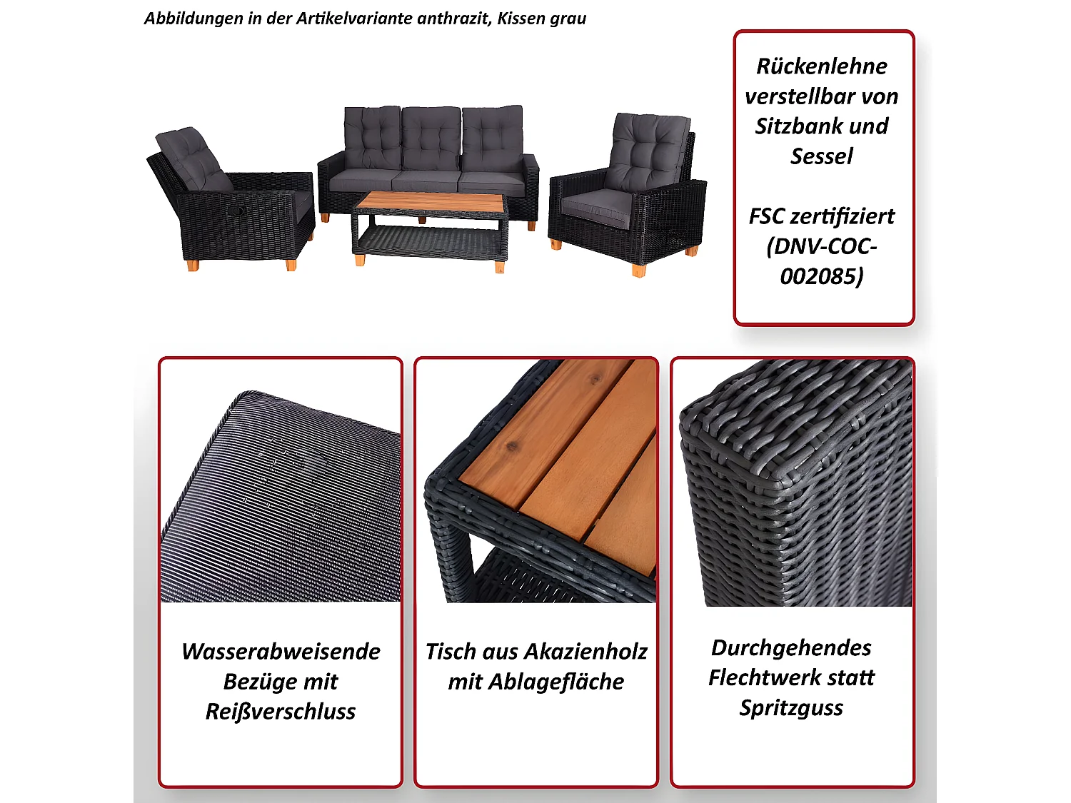 Zestaw ogrodowy MCW-G28 Rattan (4-częściowy),  antracyt, szare poduszki