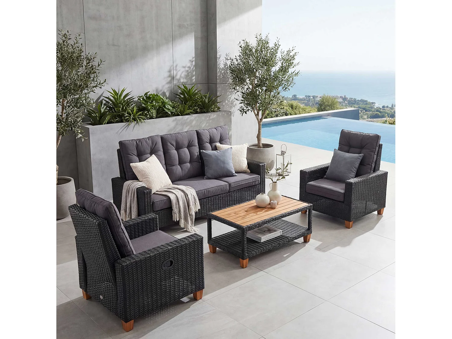 Gartengarnitur MCW-G28 Rattan (4-teilig), Anthrazit, Kissen grau