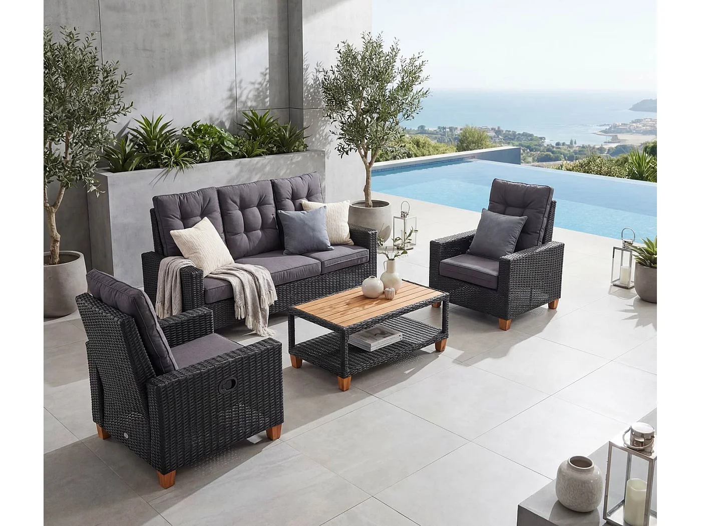 Gartengarnitur MCW-G28 Rattan (4-teilig), Anthrazit, Kissen grau