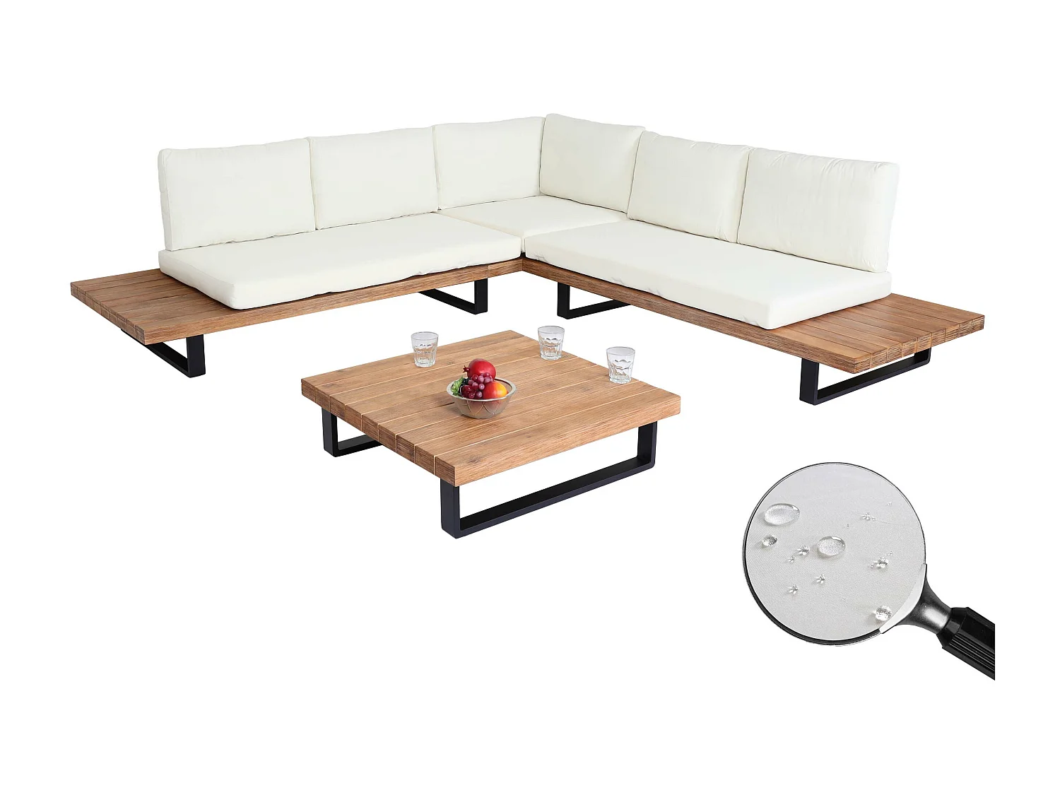 Set salotto giardino esterno salottino MCW-H54 legno acacia alluminio marrone chiaro con cuscini avorio bianco