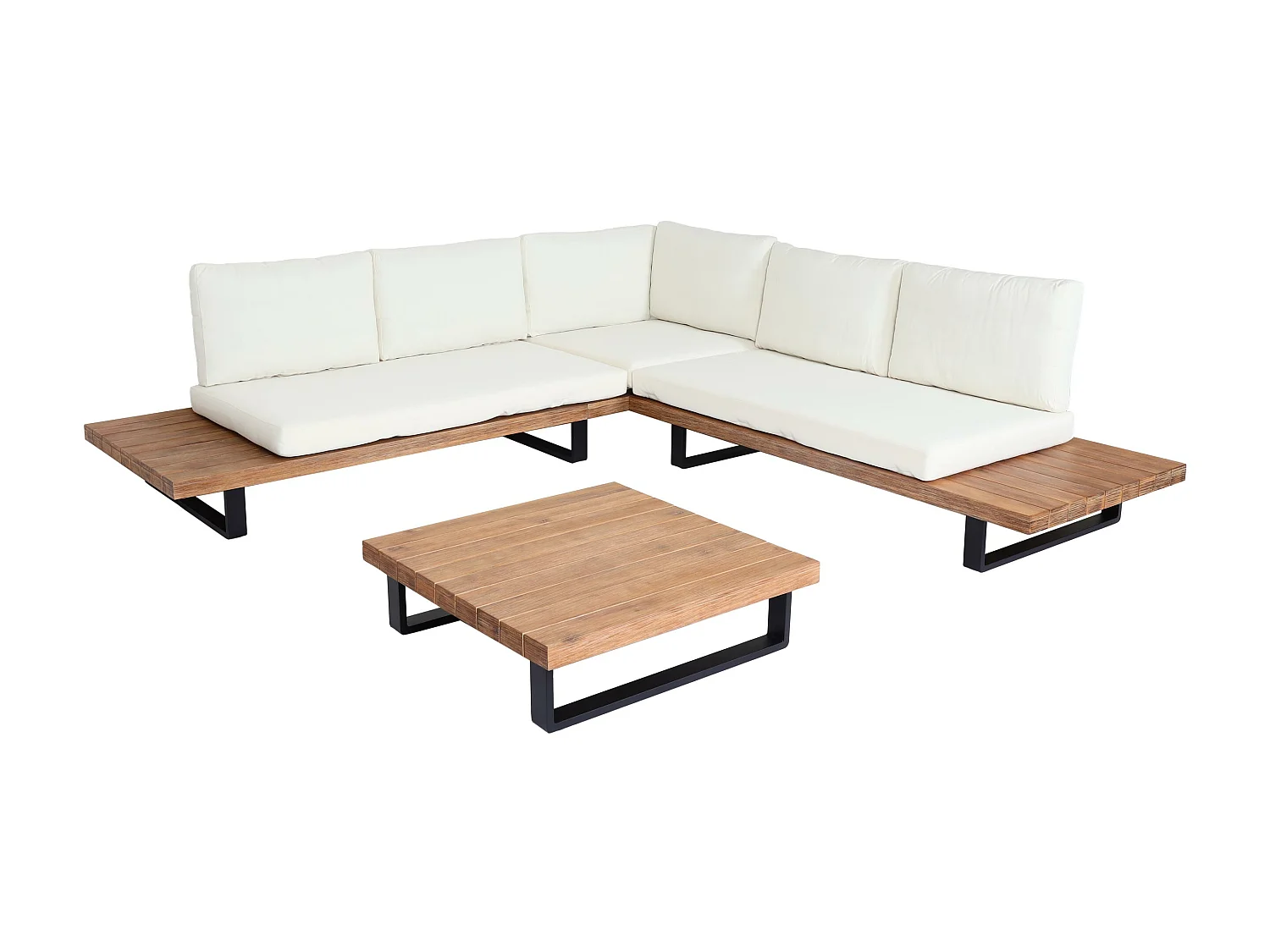Set salotto giardino esterno salottino MCW-H54 legno acacia alluminio marrone chiaro con cuscini avorio bianco