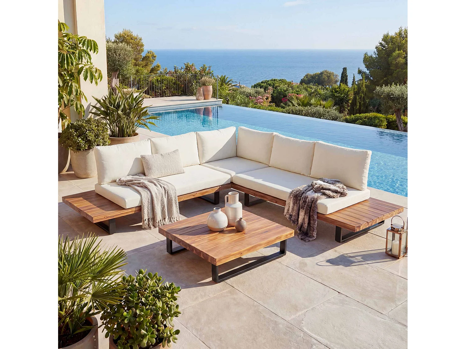 Zestaw ogrodowy MCW-H54 (zestaw 2-częściowy),  jasnobrązowy, tapicerka w kolorze kremowo-białym