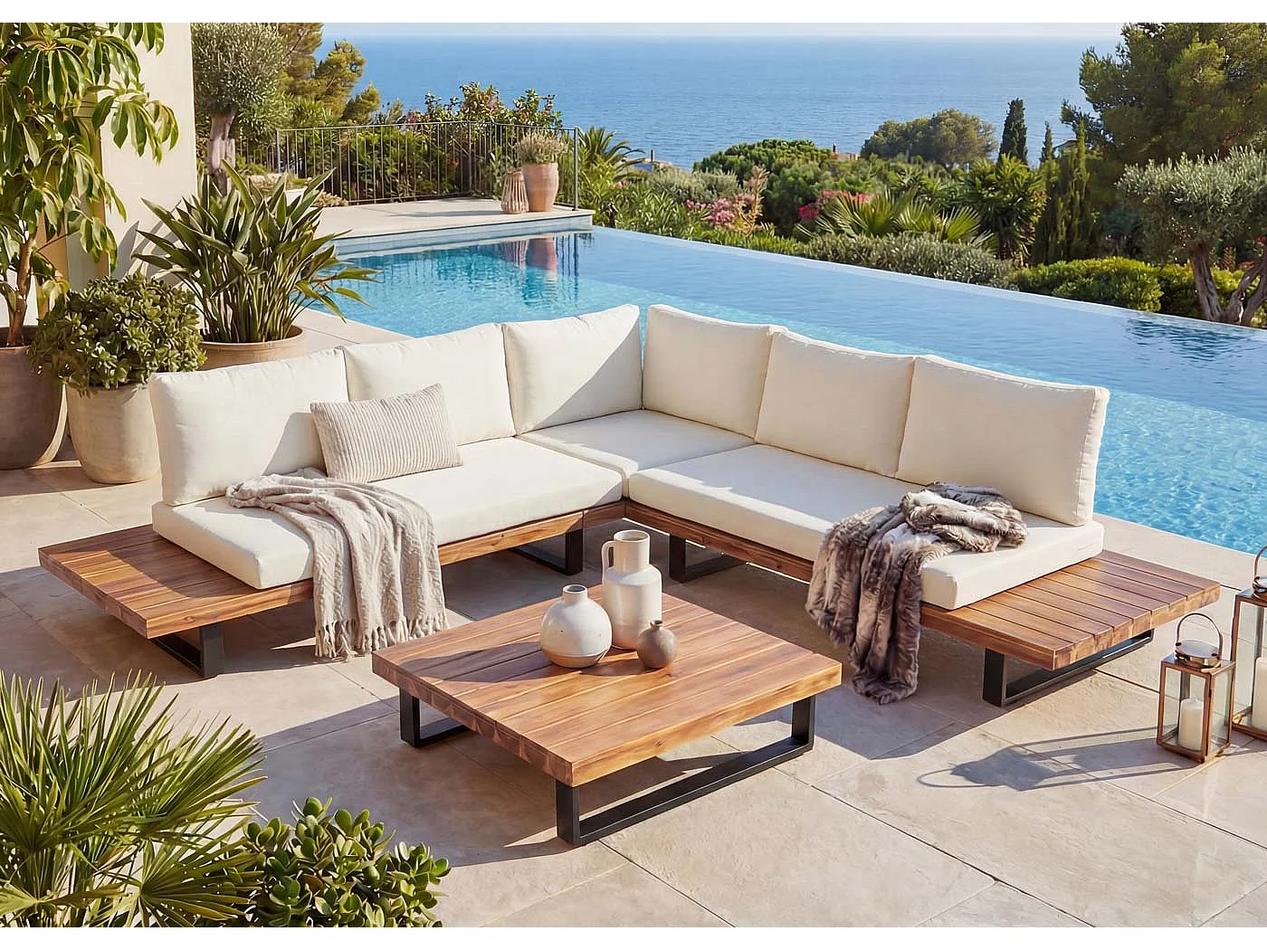 Zestaw ogrodowy MCW-H54 (zestaw 2-częściowy),  jasnobrązowy, tapicerka w kolorze kremowo-białym