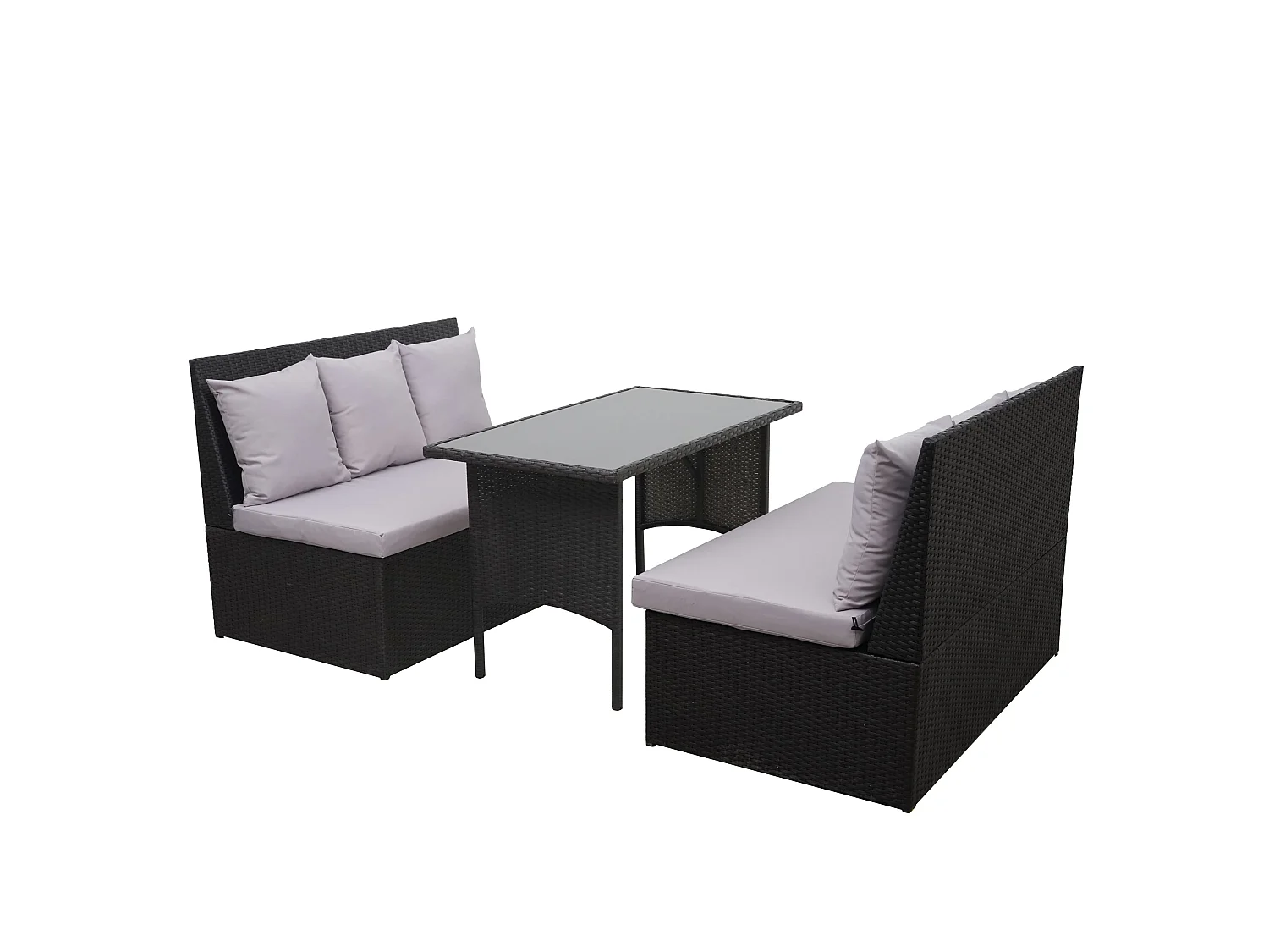 Set salotto giardino esterno salottino 2x divani con tavolo MCW-G16 polyrattan nero cuscino grigio chiaro