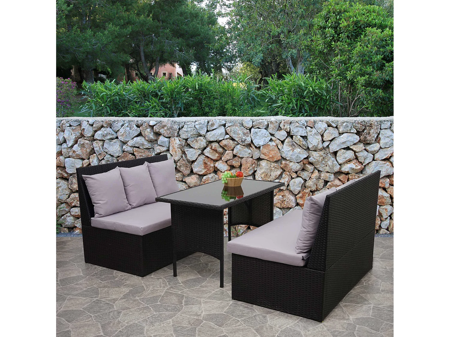 Set salotto giardino esterno salottino 2x divani con tavolo MCW-G16 polyrattan nero cuscino grigio chiaro