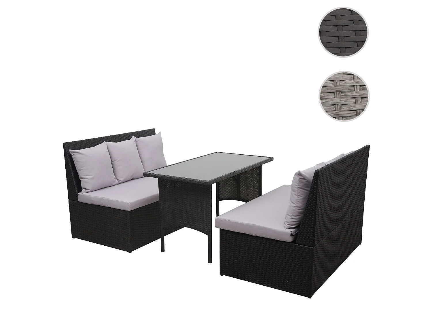 Set salotto giardino esterno salottino 2x divani con tavolo MCW-G16 polyrattan nero cuscino grigio chiaro