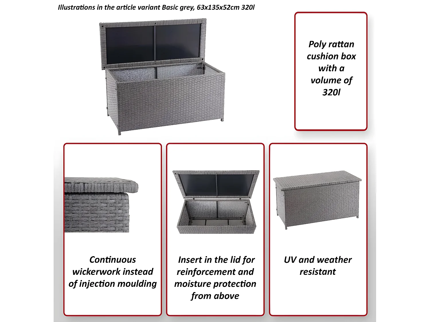 Poduszka z polirattanu MCW-D88 I,  Basic grey, 51x100x50cm 170l