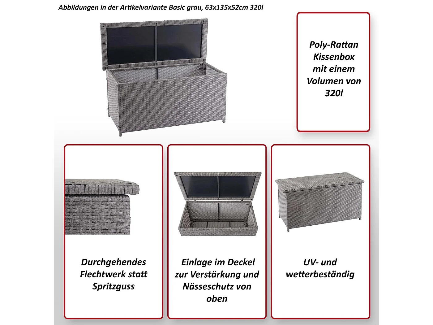 Poduszka z polirattanu MCW-D88 II,  Basic grey, 51x115x59cm 250l