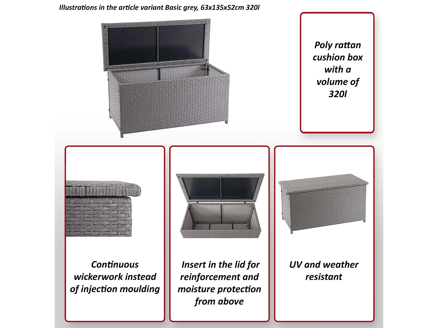Skrzynia na poduszki z polirattanowa MCW-D88 III,  Basic szara, 63x135x52cm 320l