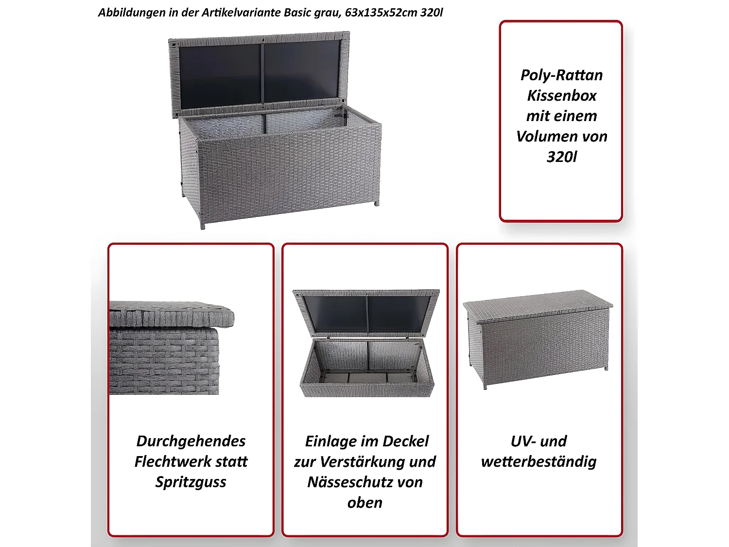 Polyrotan kussenbox MCW-D88 III,  Premium grijs, 80x160x94cm 950l
