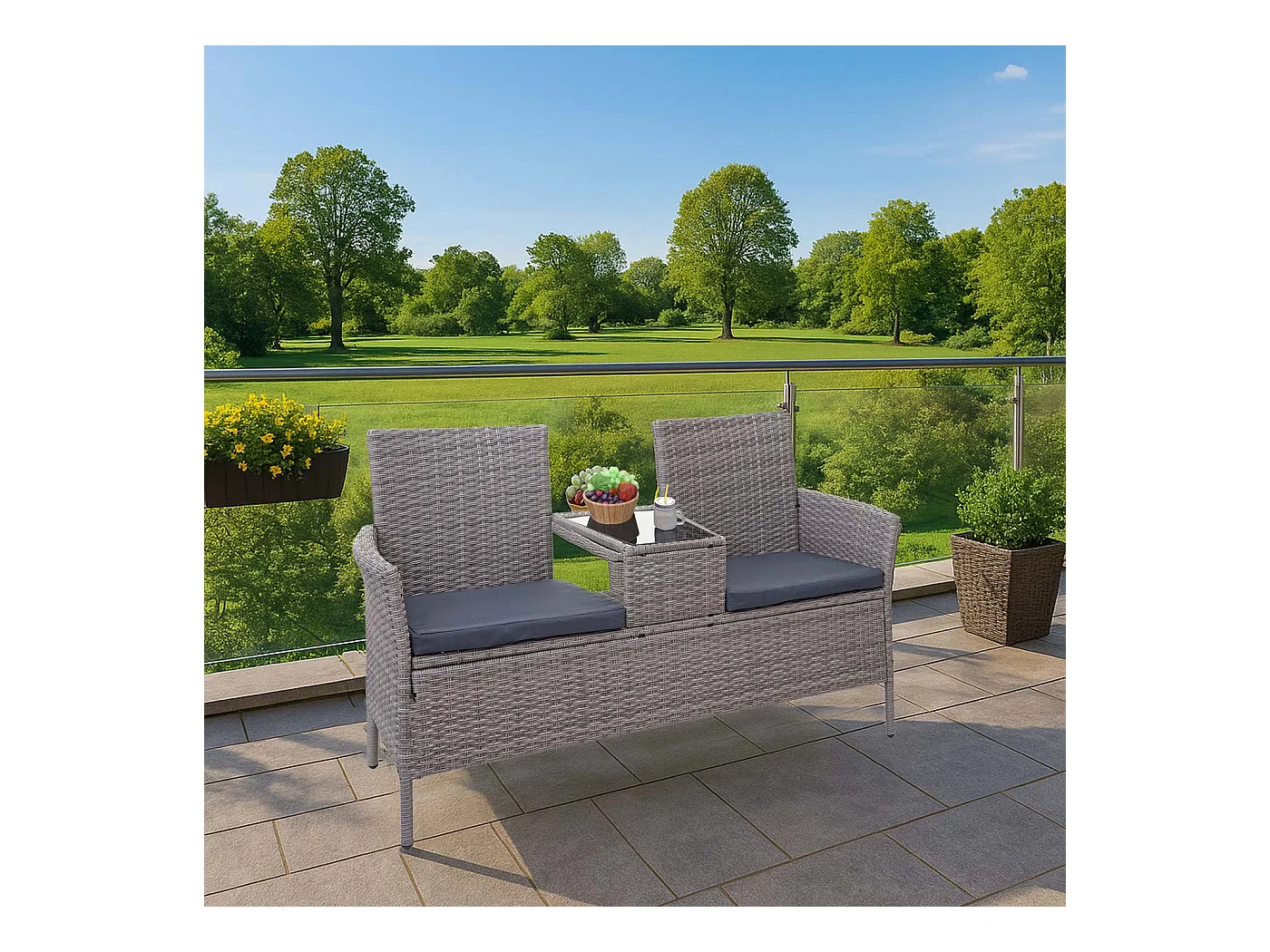 Polyrotan bank met tafel MCW-E24,  grijs, donkergrijze kussens