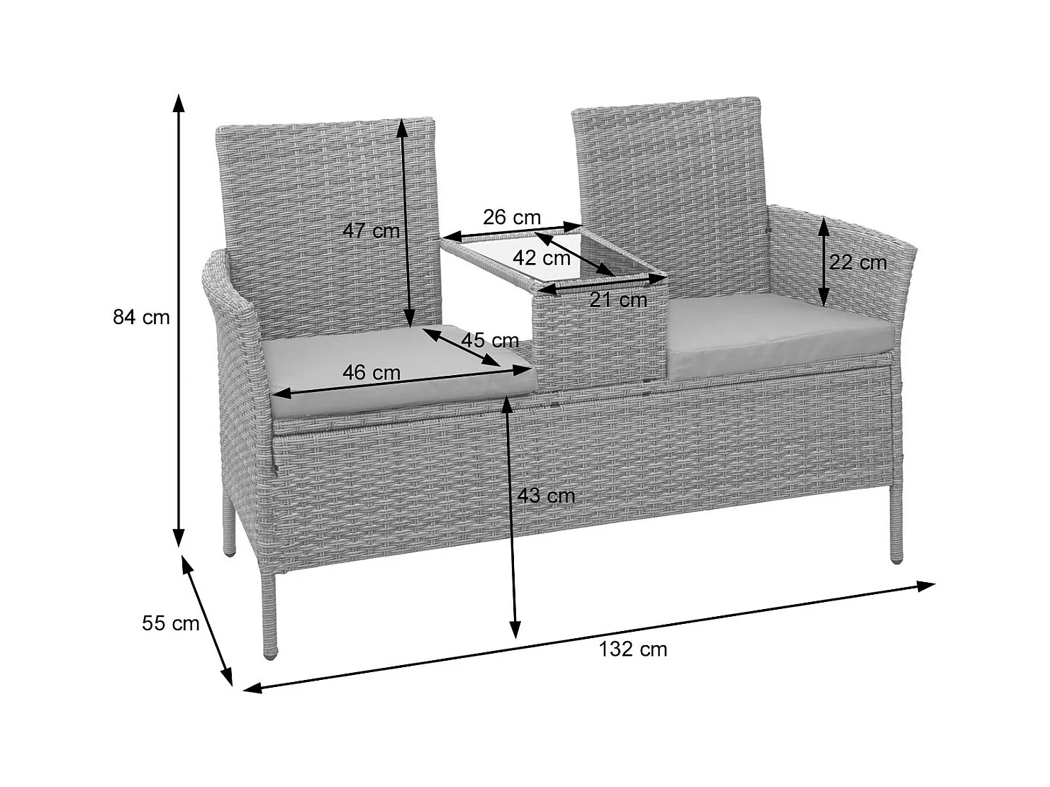 Polyrotan bank met tafel MCW-E24,  grijs, donkergrijze kussens