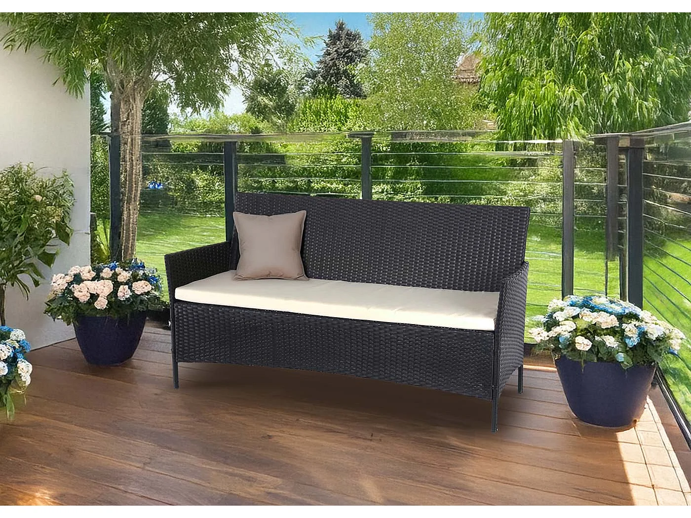 3-osobowa ławka ogrodowa z polirattanu Hamar,  antracyt, poduszki kremowe