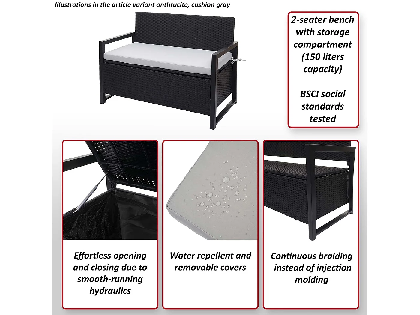 Poly-Rattan 2er Sitzbank MCW-F39, Braun, Kissen schwarz