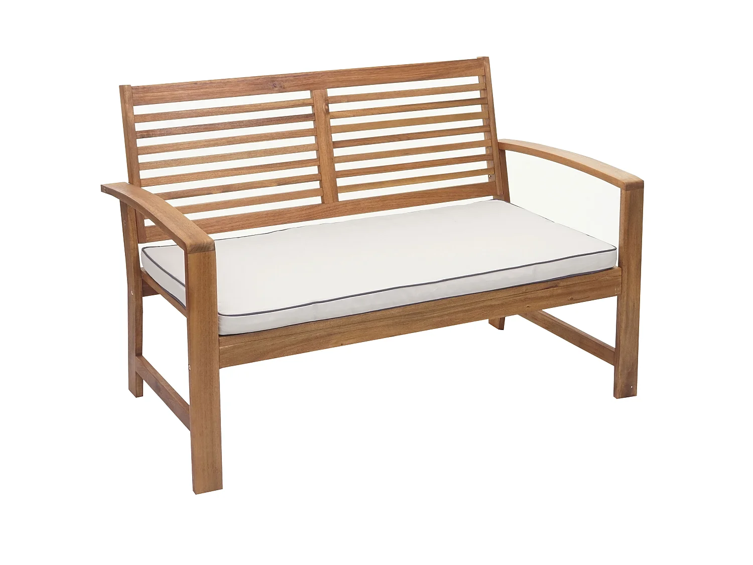 Gartenbank MCW-E99, Bank Sitzbank 2-Sitzer, Akazie Holz massiv MVG-zertifiziert 112cm, braun Polster creme