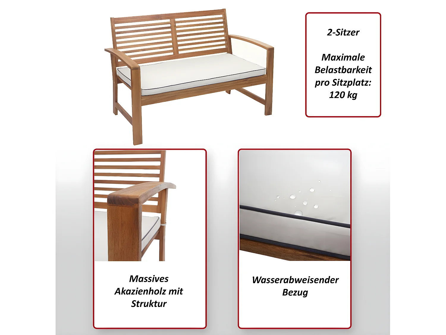 Gartenbank MCW-E99, Bank Sitzbank 2-Sitzer, Akazie Holz massiv MVG-zertifiziert 112cm, braun Polster creme