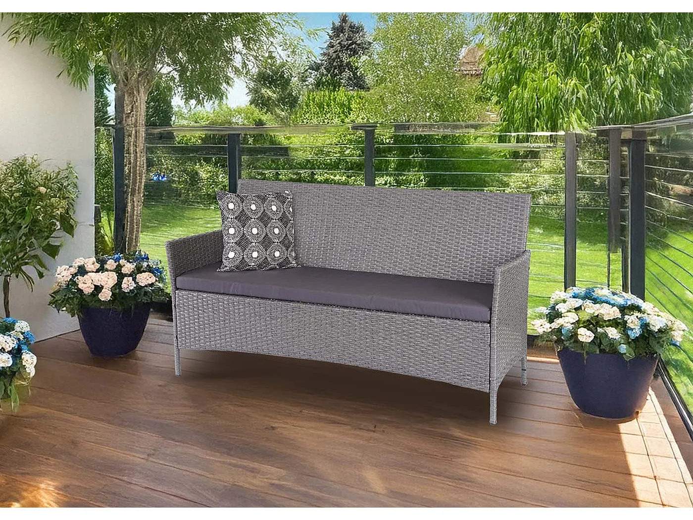 3-osobowa ławka ogrodowa z polirattanu Hamar,  Szary, poduszki antracytowe