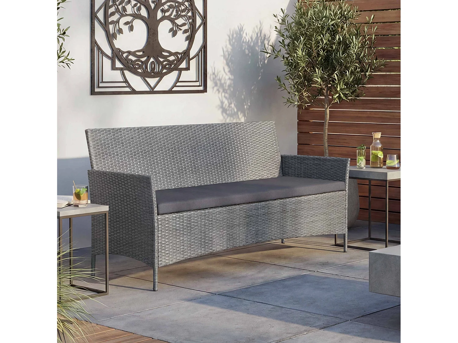 3-Sitzer Poly-Rattan Gartenbank Hamar, Grau, Kissen anthrazit