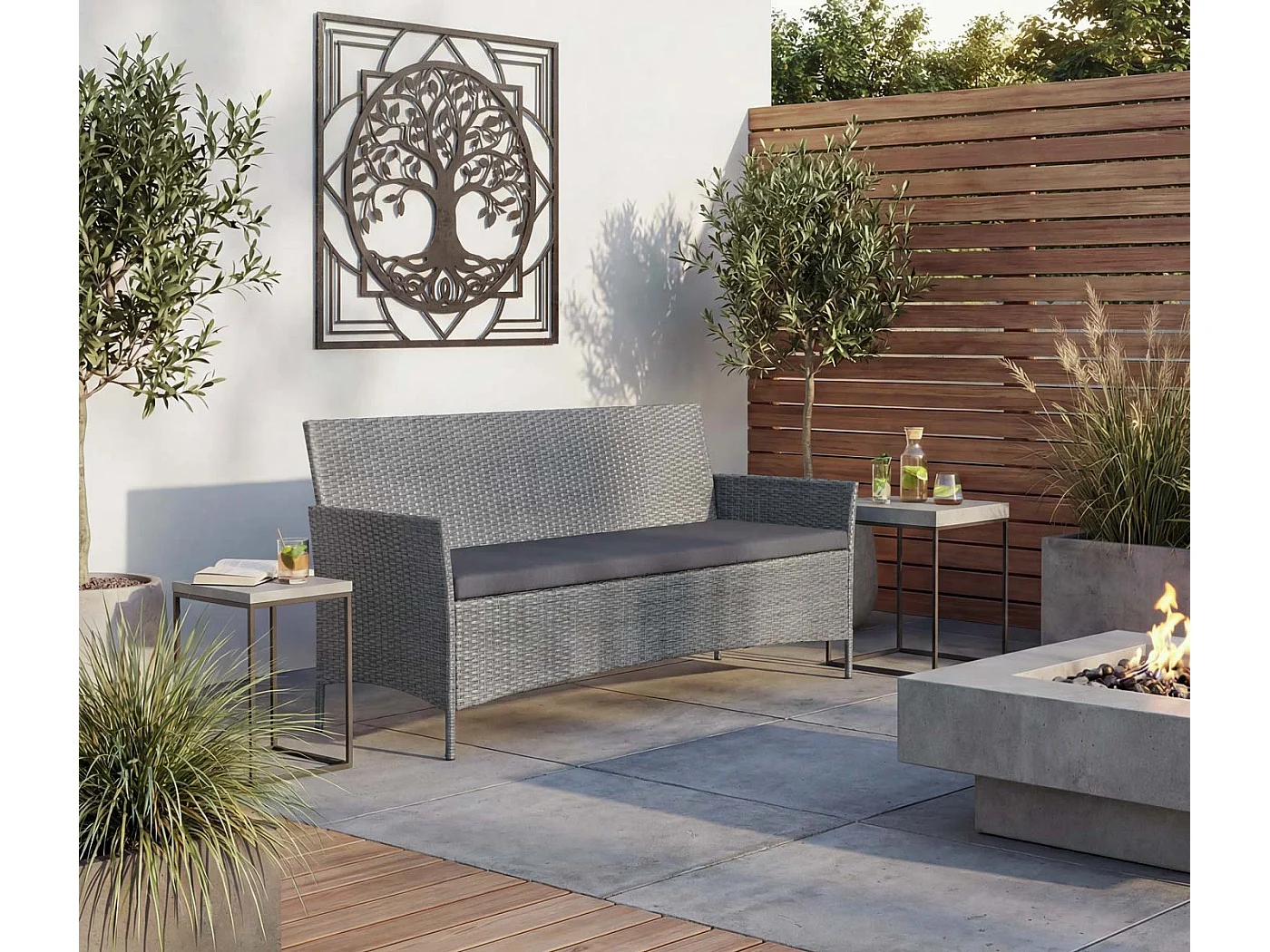 3-Sitzer Poly-Rattan Gartenbank Hamar, Grau, Kissen anthrazit