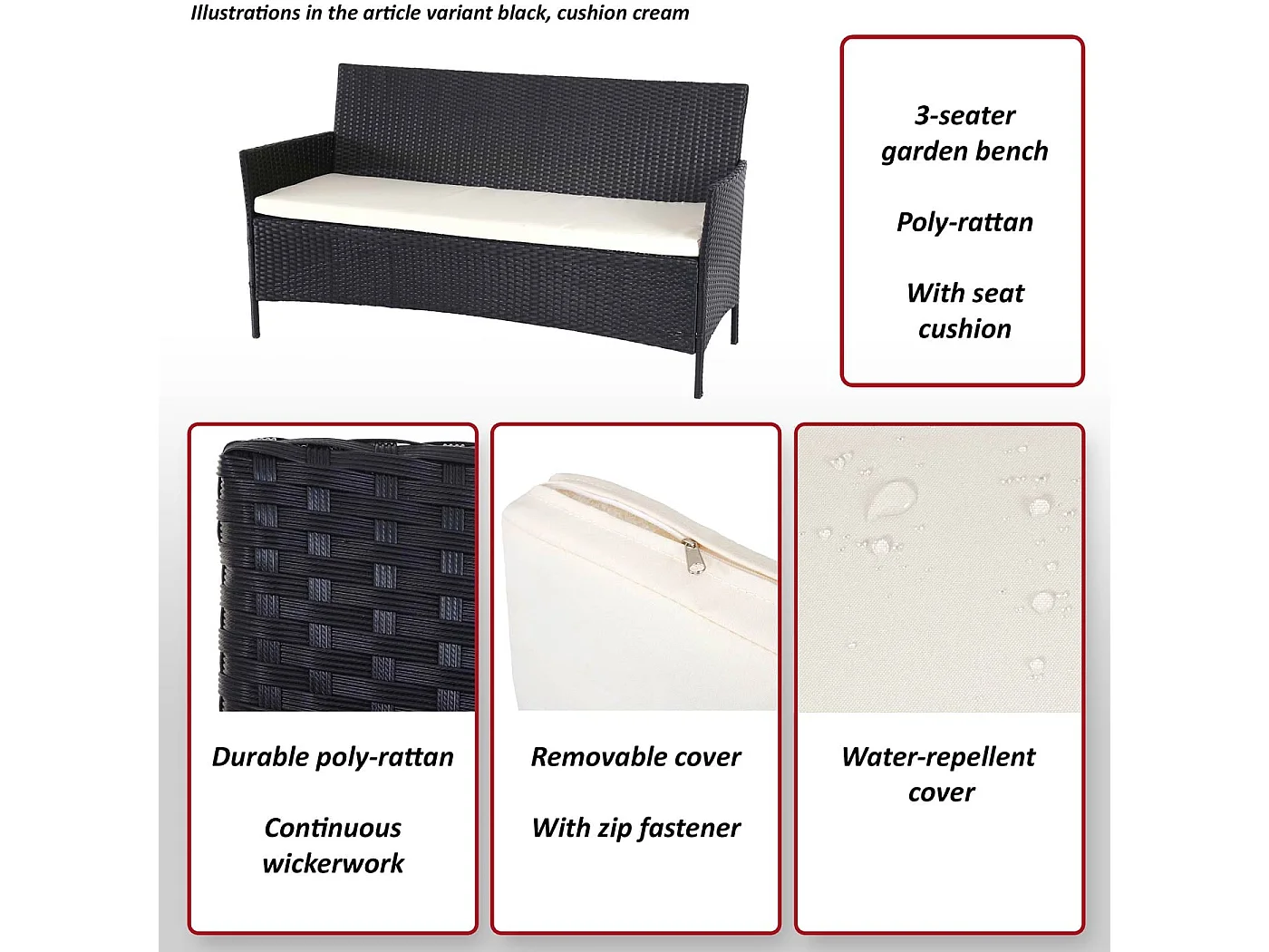 3-Sitzer Poly-Rattan Gartenbank Hamar, Grau, Kissen anthrazit