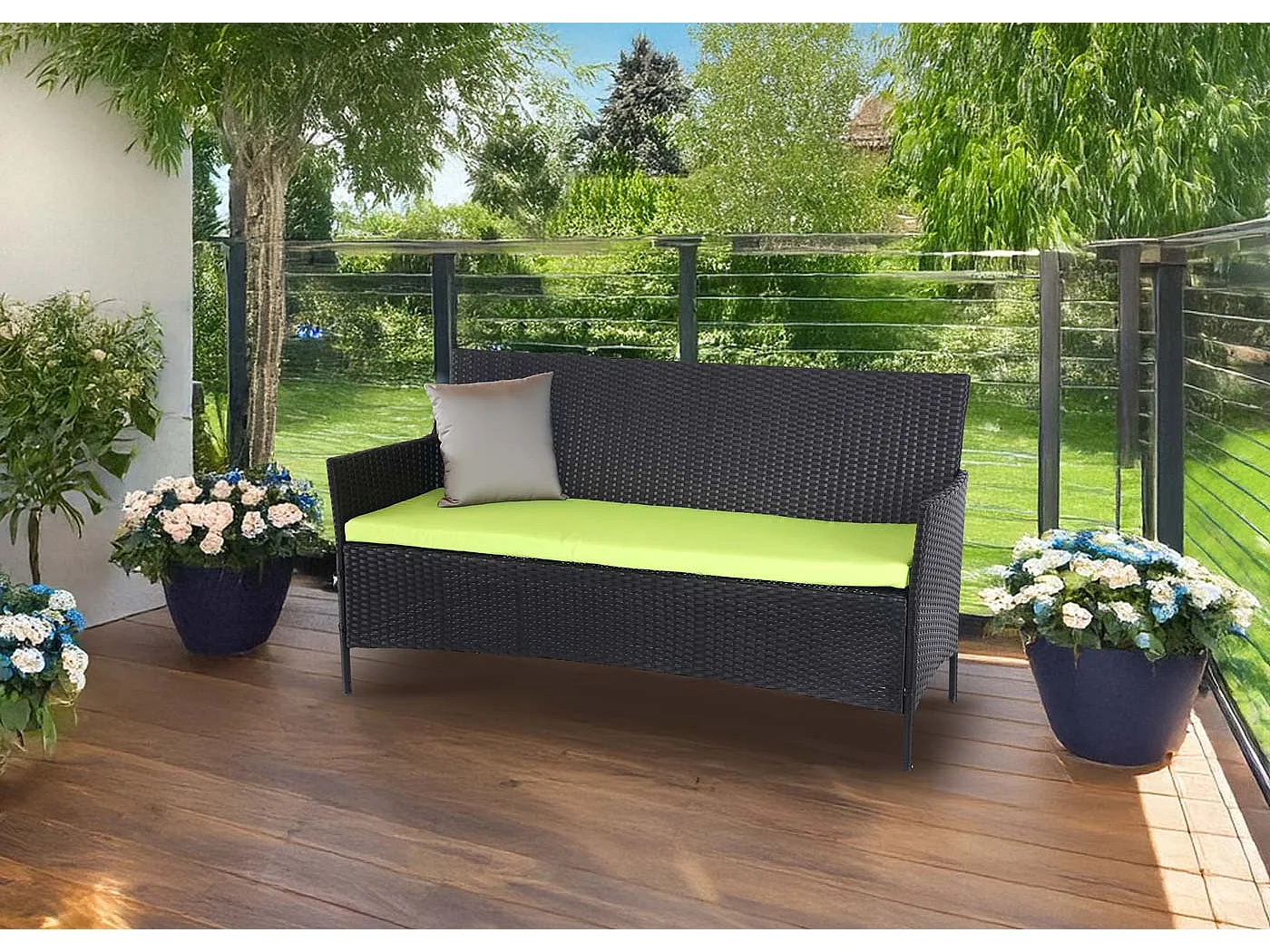 3-osobowa ławka ogrodowa z polirattanu Hamar,  antracyt, zielone poduszki