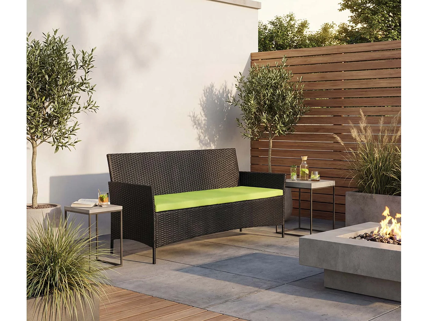 3-Sitzer Poly-Rattan Gartenbank Hamar, Anthrazit, Kissen grün