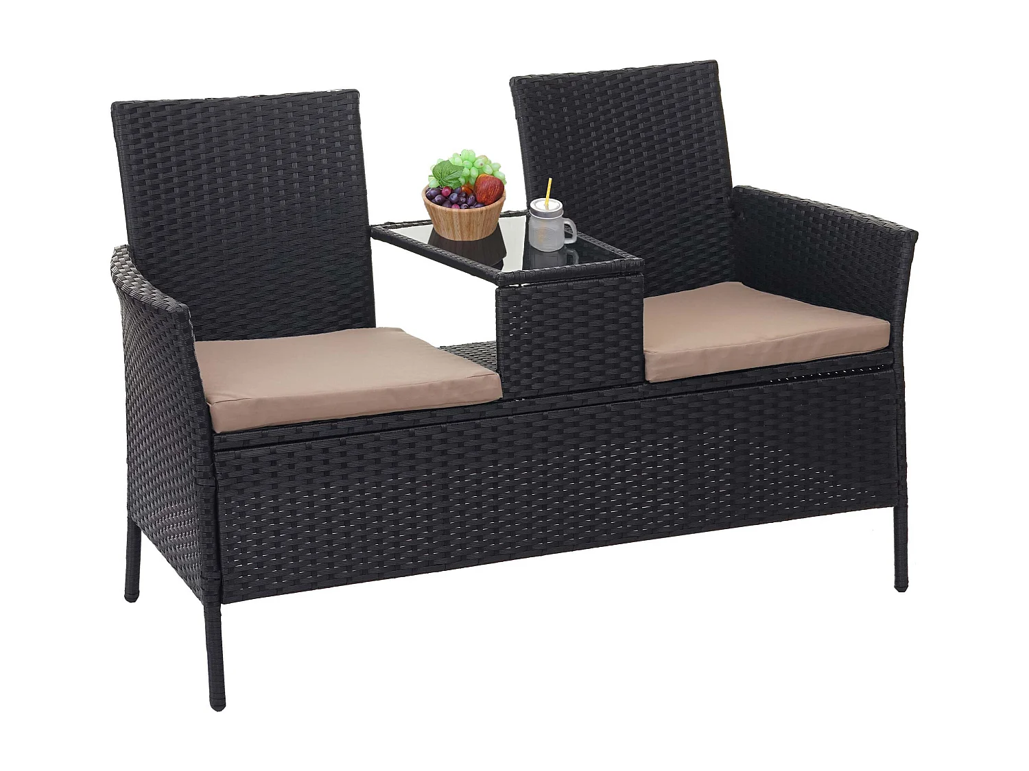 Poly-Rattan Sitzbank mit Tisch MCW-E24, Schwarz, Kissen creme