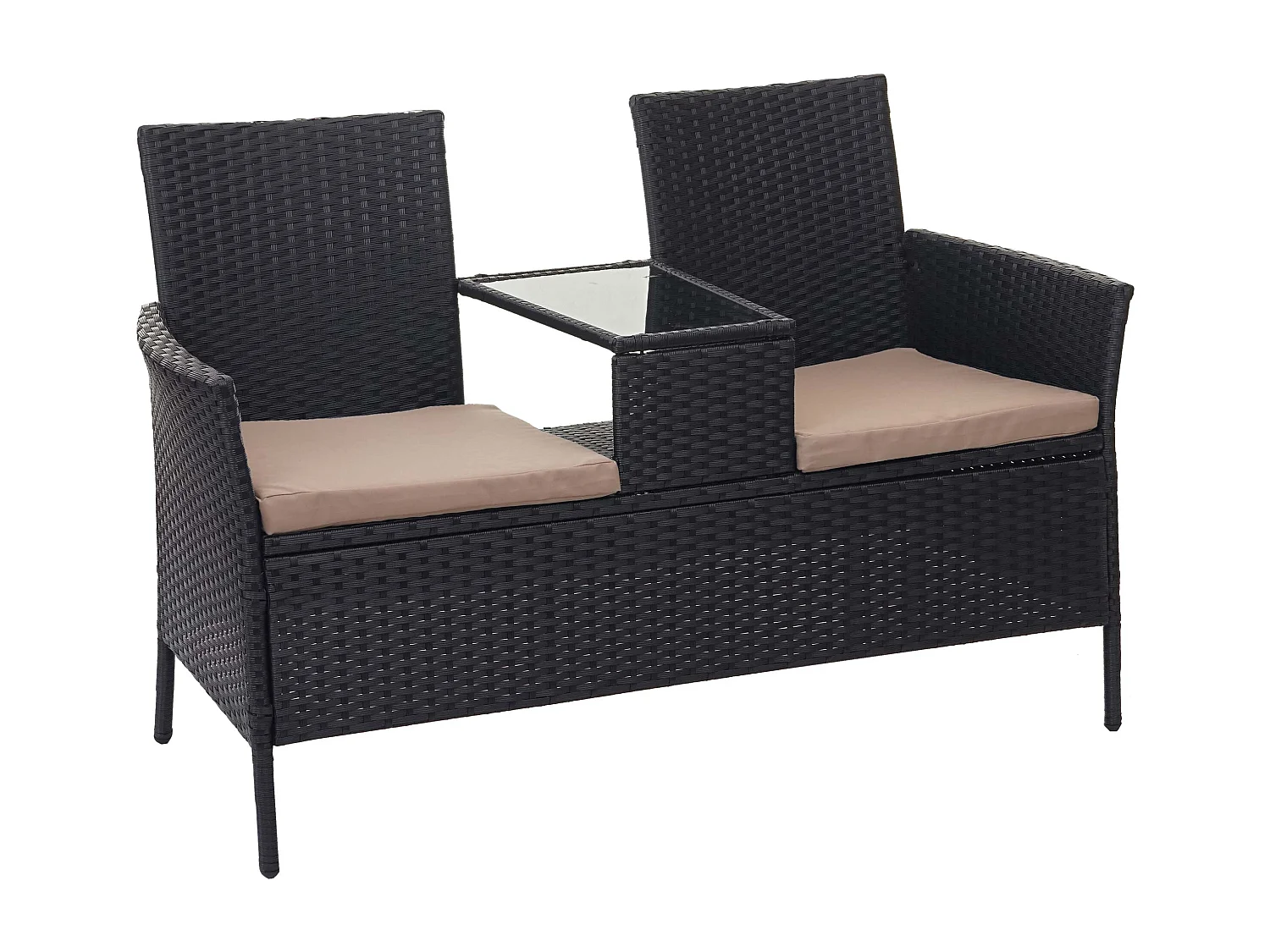 Poly-Rattan Sitzbank mit Tisch MCW-E24, Schwarz, Kissen creme