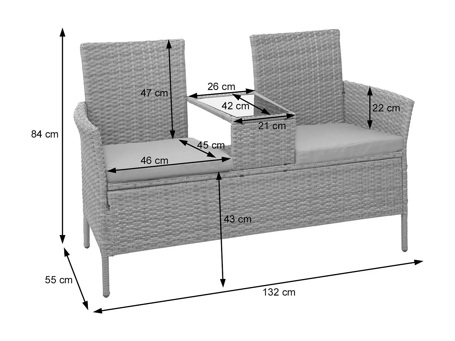 Poly-Rattan Sitzbank mit Tisch MCW-E24, Schwarz, Kissen creme